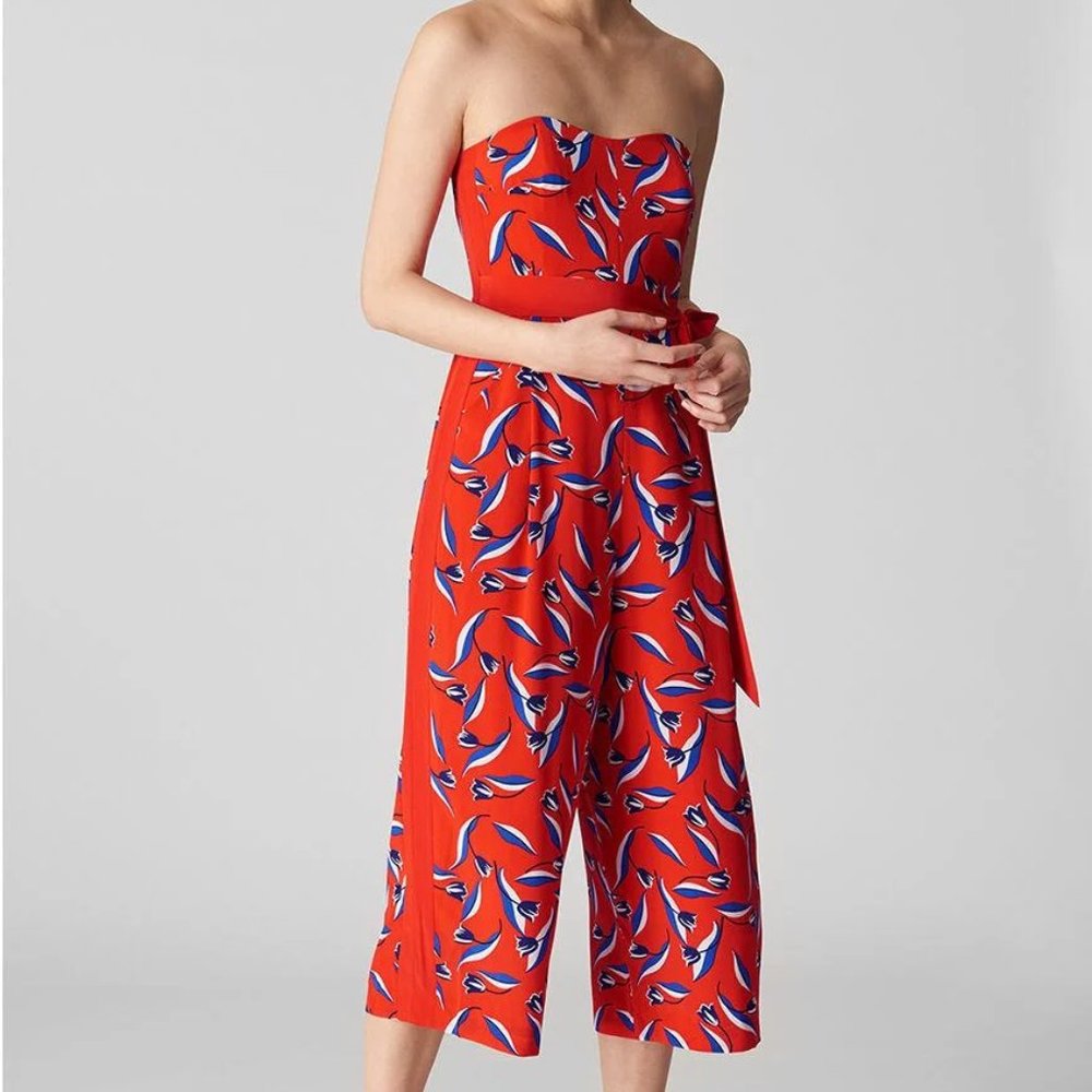 Whistles Lyza Pure Silk Tulip Print Jumpsuit, Red/Multi